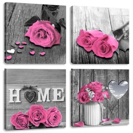 Pink Rose Bathroom Wal Art Pink Flower Wall Decoron Black And White Canvas Wall Decoration Framed For Bathroom Artwork 14x14 Inch
