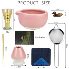 Artcome 7 Pcs Complete Matcha Tea Ceremony Kit for Tea Ceremony, Bowl with Pouring Spout, Whisk, Tea Scoop, Matcha Powder Strainer, Matcha Tea Set For Making Usucha, Koicha and Matcha Latte (Pink)
