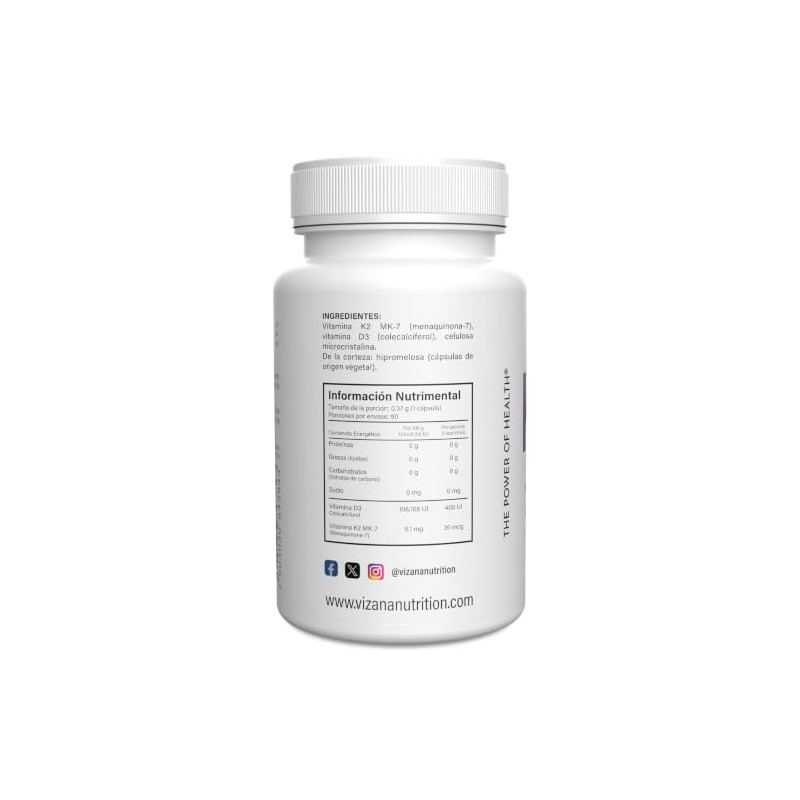 VIZANA NUTRITION | Vitamina K2-MK7 + D3 en Cápsulas HPMC