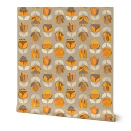 Peel & Stick Wallpaper Swatch - Mid Century Flowers Orange Modern Retro Vintage 1950S Gray Large Floral Mod Custom Removable Wallpaper by Spoonflower
