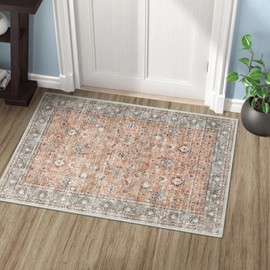 LIVEBOX 2x3 Washable Rug - Small Entryway Rug Indoor Door Mat Boho Low-Pile Indoor Rugs for Kitchen, Terracotta Distressed Doormat Non-Slip Retro Carpet for Bathroom Laundry Room