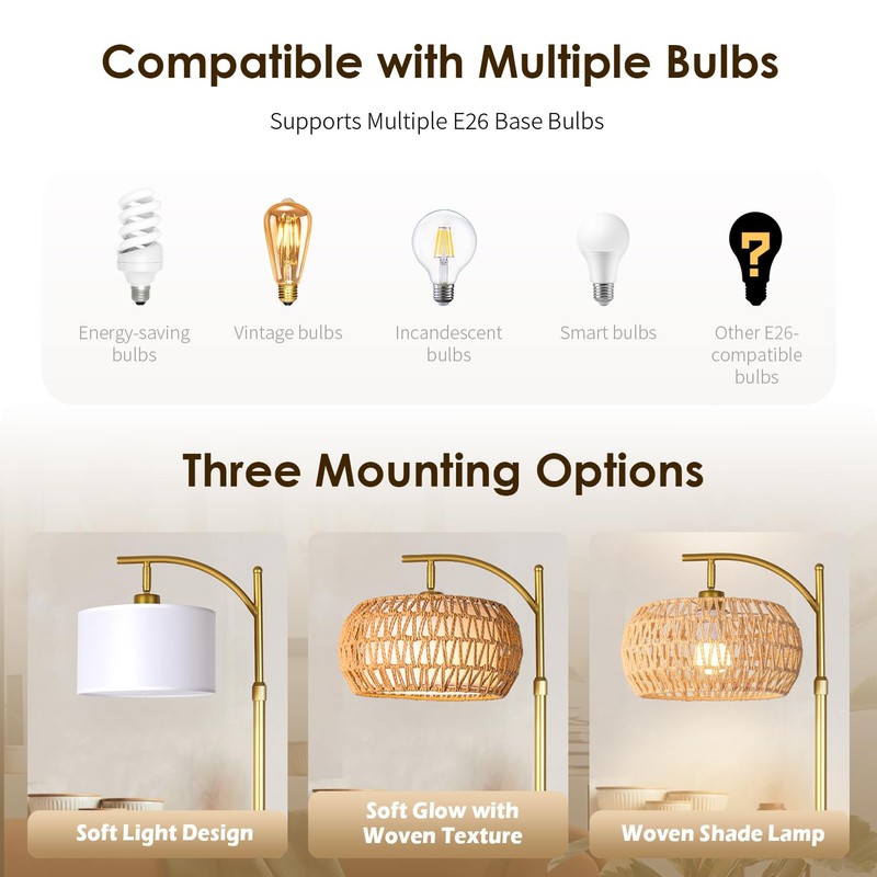 DRAWNCAT Gold Boho Rattan Floor Lamp w/Remote, Dimmable (2700K -