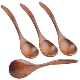 Natural Wooden Spoons, 4pcs Wooden Eating Spoon Large Soup Spoons Teaspoon Serving Spoons for Coffee Tea Jam Salts - 7.3 Inches