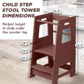FOSSICS Stool Buddy Child Step Stool Tower for Kids | Toddler Wood Stepping Stool with Safety Rail | 3 Adjustable Heights | for Kids use in Kitchen or Bathroom [Mahogany]