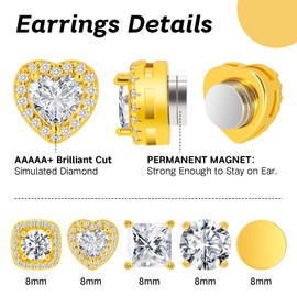 5 Pairs Magnetic Earrings for Men Women, Hypoallergenic Stainless Steel Gold Clip on Stud Earrings Set for Sensitive Ear Non Piercing CZ Fake Earrings Jewelry for Men Women 8mm