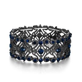 BriLove Wedding Bridal Bracelet for Brides, Women's Round Crystal Bangle Diamond Stretch Tennis Navy Blue Black-Tone