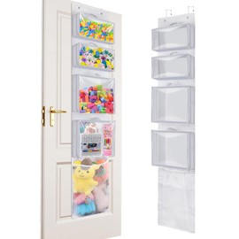 Woodoulogy Hanging Toy Storage over Door, Block Stuffed Animal Organizer Idea with 4 Removable Case Bag, Bi-Fold Closet Holder with Mesh Pocket for Kid Boy Girl