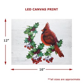 BANBERRY DESIGNS Cardinal Lighted Canvas Print - with Holly and Berries - LED Holiday Wall Art - 16" x 12" - Battery Operated