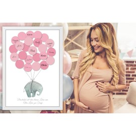 Christening Guest Book Baby Shower Set Guest Gift Puller Party Memorabilia / Keepsake Writeable / Fingerprint with Picture Frame (White Elephant Pink)