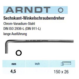 ARNDT Germany 4,5 mm extra langer Inbusschlüssel, metrischer Sechskantschlüssel, 150 mm Länge