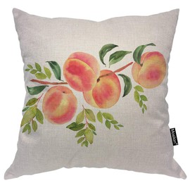 Moslion Throw Pillow Cover Peach Watercolor Painting Art Summer Time Fresh Fruits Green Leaves Outdoor Square Pillow Case Cushion Cover for Home Car Decorative Cotton Linen 18x18 Inch