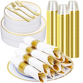 Zcaukya 350 PCS Gold Plastic Dinnerware for 50 Guests, Elegant Disposable Utensils Set with 100 Plates, 50 Pre-Wrapped Napkins, 50 Cups, 50 Spoons, 50 Forks and 50 Knives for Birthday Parties Weddings