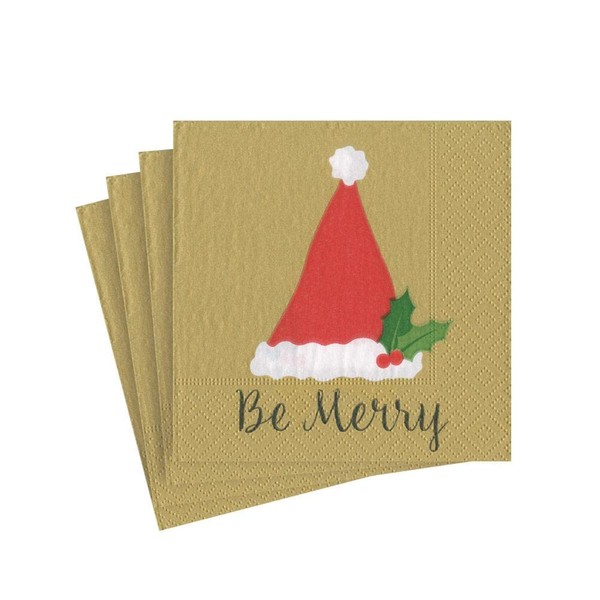 Caspari Be Merry Paper Christmas Cocktail Napkins in Gold - Two Packs of 20