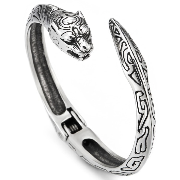 COOLSTEELANDBEYOND Mens Steel Leopard Cuff Bangle Bracelet with Tattoo Totem