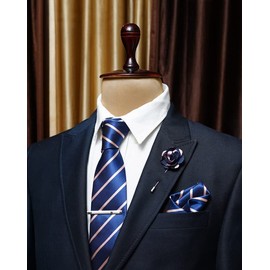 AXLON Blue Striped Ties For Men – Tie Set With Pocket Square Cufflinks Tie Clip Bar & Flower Brooch Pin For Mens (Pack of 5) (AXTS60)