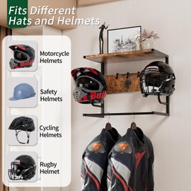 OMISRUIS Motorcycle Helmet Holder Wall Mounted, Helmet Holder Wall Mount with Helmet Rack, 4 Glove Chips and 4 hooks, Rustic Helmet Holder and Motorcycle Helmet Rack for Most of Helmet and Clothes
