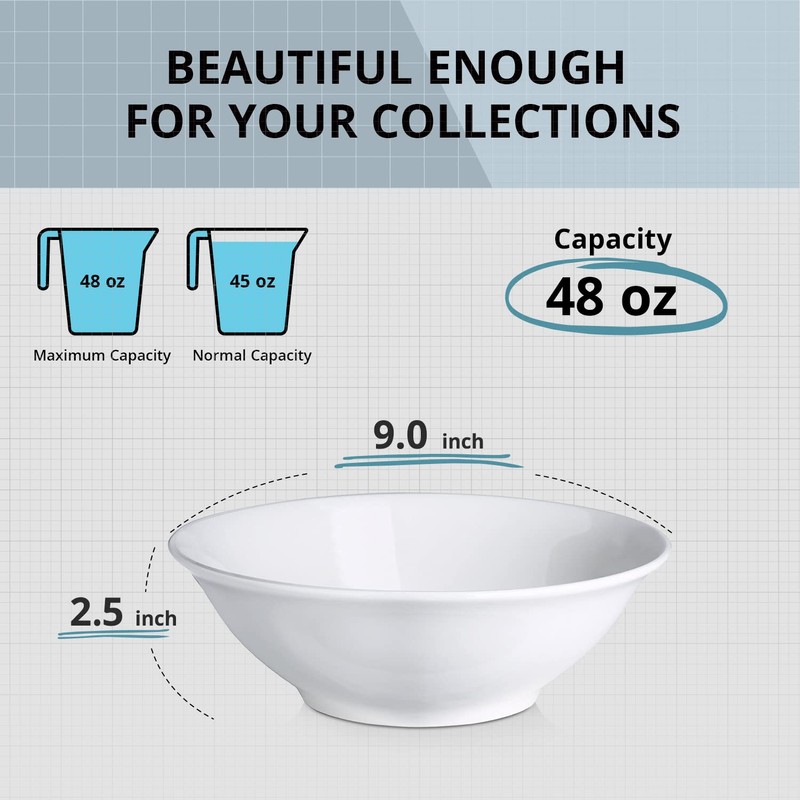 LIFVER 48 oz White Ceramic Bowls, Set of 4, Large