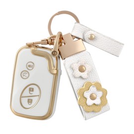 OFF WE GO for Lexus Key Fob Cover with Leather Keychain, Soft TPU Key Fob Case Fit for Lexus GX460 RX350 IS250 LX570 ES350 IS350 GS430 GS300 GS450h Smart Remote Car Key Protector (Gold White)