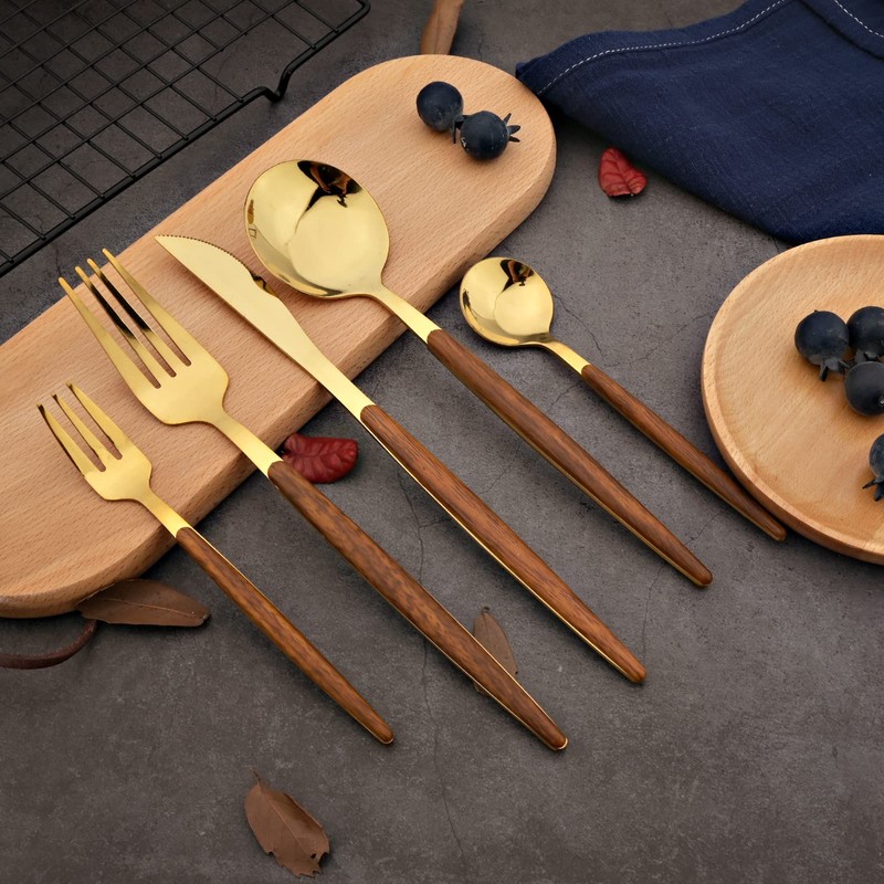 BRIIEC 20-piece Wood Silverware Set for 4, Include Knife Fork
