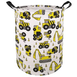 KUNRO Large Sized Round Storage Basket Waterproof Coating Organizer Bin Laundry Hamper for Nursery Clothes Toys (Excavator)