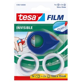 tesa Film Invisible 2 Rolls + Mini Dispenser, Red/Blue, Blister Pack