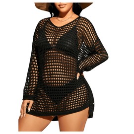 WDIRARA Women's Plus Size Swimwear V Neck Hollow Out Split Hem Bikini Cover Up Long Sleeve Beach Dress Black 2XL