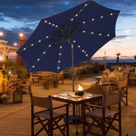 AYGE 9FT Solar LED Patio Umbrella with 32 Lights and Tilt Crank, Outdoor Market Umbrella with Solar Charging Panel, Sunshade for Deck, Pool,Garden, Backyard，Navy