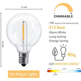 G40 Led Replacement Light Bulbs 1W Shatterproof Globe Bulb fits E12 or C7 Candelabra Screw Base Sockets, 1.5 Inch Dimmable Light Bulbs, Warm White (10Pack 2200k), Not for Solar String Lights