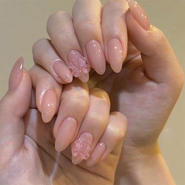 KTAABTR Nude Press on Nails Medium Almond Shaped Fake Nails with Glue Clear Bow Nail Charms Design Acrylic Nails Stick on Nails for Woman DIY 24Pcs Reusable Full Cover False Nails Decoration Set