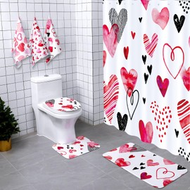 Newwiee 7 Pcs Valentine's Day Shower Curtain Set for Bathroom Heart Valentine's Day Bathroom Sets with 3 Towels Happy Valentine's Day Shower Curtain Nonslip Rugs Toilet Lid Cover Bath Mat(Heart)