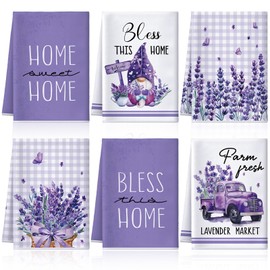 VitalCozy 6 Pcs Spring Lavender Kitchen Towels Set Purple White Theme Spring Dish Towels Winter Farmhouse Rustic Bath Spring Lavender Hand Towels for Spring Holiday Bathroom Gifts, 24 x 16 Inches
