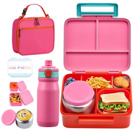 Bento Lunch Box for Kids with 8oz Soup Thermo, Leak-proof Lunch Food Containers with 5 Compartment, Insulated Lunch Bag & 17oz Stainless Steel Water Bottle for School, Trvael
