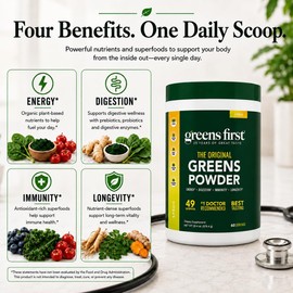 Greens First Polvo Original Greens - 49 Superalimentos - Frutas y Verduras Orgánicas - Prebióticos, Probióticos y Enzimas Digestivas - Batido Antioxidante - Sin Lácteos/Vegetal