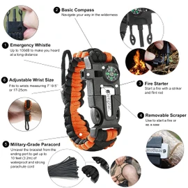 aZengear Paracord Survival Bracelet (2 Pack) | Flint Steel Fire Starter, Compass, Whistle,Hiking Accessories, Wild Camping Equipment Kit, Bushcraft, Emergency (Black and Orange)