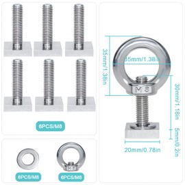 QIQN T-Nut Adapter T-Slot SetT Track Adapter Bolts M8x30mm T Track Adaptor Stainless Steel Roof Rack Bolts with Lifting Eye Nut 6Pcs Kit 20 x 20 mm