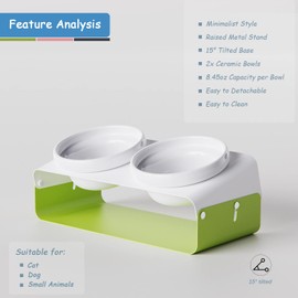 SPRICHIC Elevated Cat Bowls Feeder - 16.9 oz Pet Food Water Ceramic Double Feeding Bowls with Non-Slip Tilted Raised Base for Kitten Puppy, Green