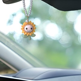 Crochet Sunflower Doll Plants Car Mirror Hanging Accessories,Highly Intricate Handmade Knitted Cute Car Decor Car Pendant for Women & Men Aesthetic Crochet Rearview Mirror Accessories