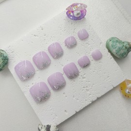 Square Press on Toenails Short Fake Toenails with Glitter Designs Purple Toe Nail Press ons Solid Color Glue on Toenails Acrylic False Toenails Artificial Stick on Toenails for Women 24Pcs