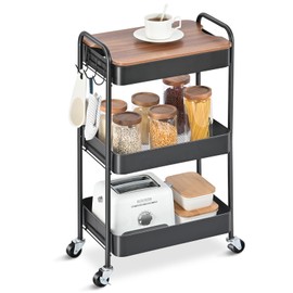 TOOLF 3-Tier Rolling Cart, Metal Utility Cart with Top, Storage Craft Cart with Wheels, Trolley Organizer Serving Cart Easy Assembly for Office, Bathroom, Kitchen, Kids' Room, Classroom, Black