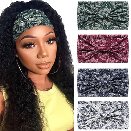 SAWINDA Wide Headbands for Women Boho Womens Head Bands Knotted Print Non-Slip Head Bands for Women's Hair Vintage African Style Bandanas Workout Yoga Sports Head Wraps 4 Pack