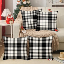 Fukeen Set of 4 Black and White Buffalo Plaid Pillow Covers 16x16 Inch Outdoor Christmas Check Throw Pillow Cover Winter Farmhouse Decorations Pillow Cases Cotton Linen for Sofa Couch Home Decor