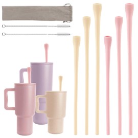 6PCS Anti Wrinkle Straw, Reusable Flat & Wide Wrinkle Free Long Flat Tip Straws with Cleaner Brush, for 20/30/40oz Cups, Straight & Bent Set, Reduces Lip Lines