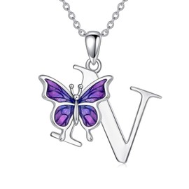LONAGO Initial N Necklace for Women 925 Sterling Silver Purple Butterfly with A-Z 26 Letters Pendant Necklace for Graduation Gifts