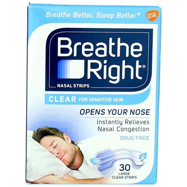Breathe Right Nasal Strips Clear For Sensitive Skin Large 30 Each (Pack of 5)