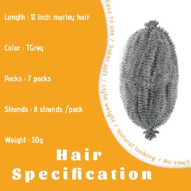 Marley Twist Braiding Hair 12 Inch 7 Packs Mixed Gray Spring Twist Hair Springy Afro Twist Hair Soft Marley Hair for Wrapping Locs Cuban Twist Hair Extensions (12Inch,Mgrey)