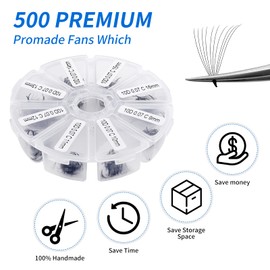 Volume 500 Fans Premade Fans 10D Handmade Promades Eyelash Fans D Curl Loose Eyelash Extensions Pointed Base Fans 9-16mm Mixed Length Lash Extensions by WENDY LASHES(10D-0.07D-916)