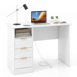 Tangkula White Desk with 3 Drawers & Built-in Charge Station, Home Office Desk with Open Storage Shelf, Study Writing Desk, PC Desk Workstation, Modern Makeup Vanity Desk for Bedroom (White)