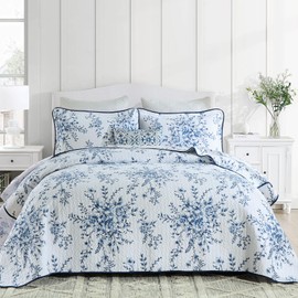 QuiltMuse Blue Quilts Queen Size - 100% Cotton Quilt Set with Matching Shams, Botanical Floral Design Farmhouse Bedspread, 3 Pieces Summer Lightweight Coverlet Set for All Season, 90"x98"
