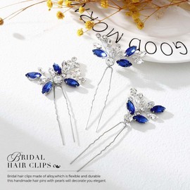 Unicra Horquillas de cristal para novia de boda, piezas de pelo para novia, accesorios para el cabello para mujeres y niñas, paquete de 3 (azul)