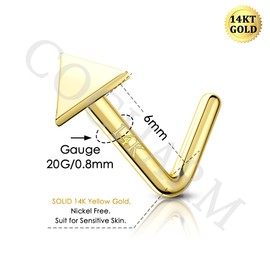 COCHARM 14k Gold Nose Stud 20g Yellow Gold Nose Ring Stud for Women Men L Shape Triangle Nose Piercing Real Gold Nose Jewelry 14Kt Solid Gold Nostril Stud L Bend